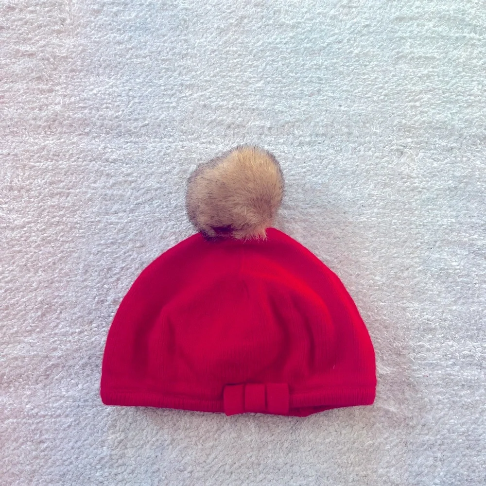Janie and Jack Girls Red Knit Hat with Fur Pompom - Size 3-6 Months